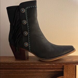 A Rider Girl Black and Teal Mid-Calf Boots with Fringe